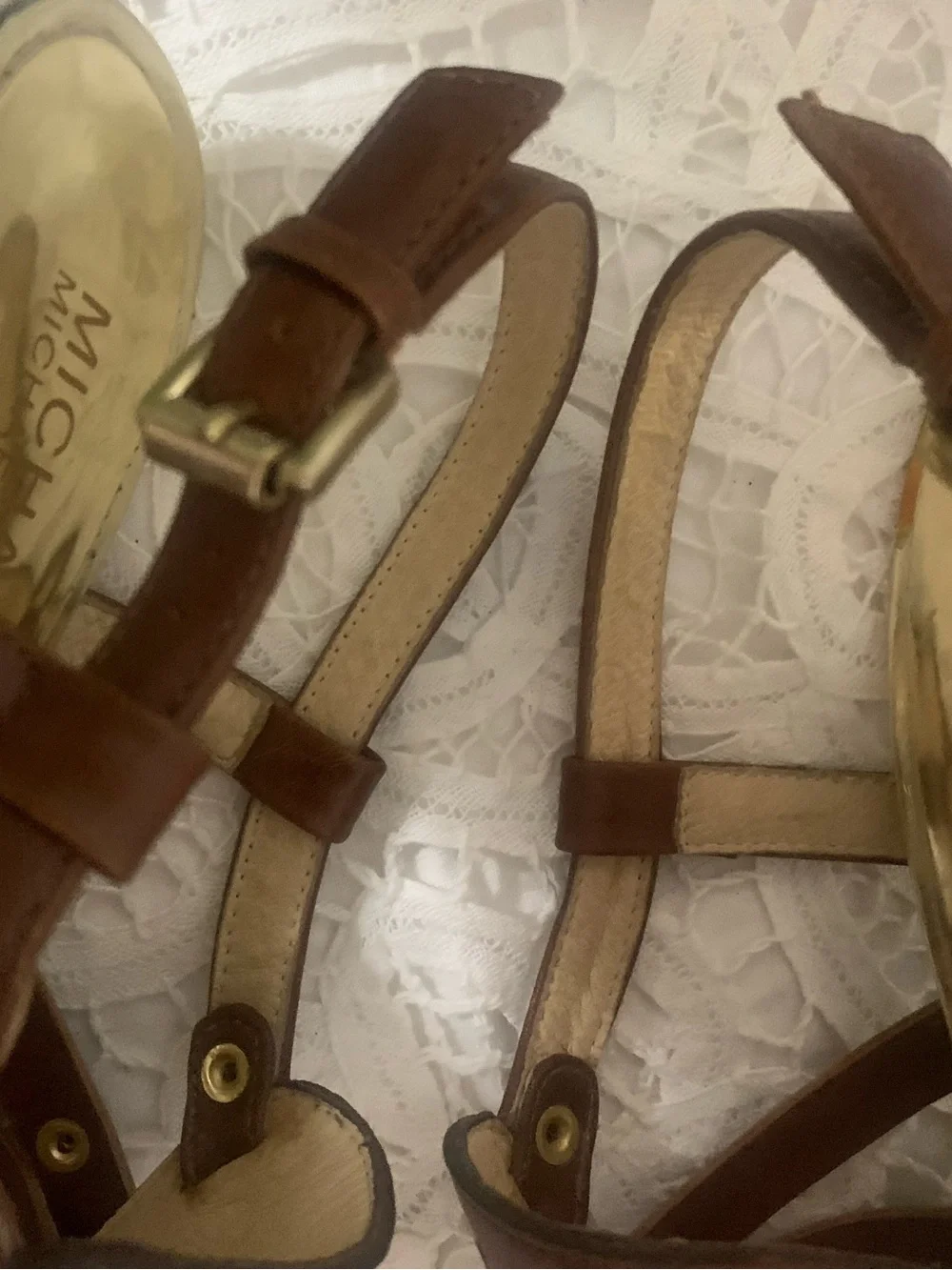 Michael Kors Laci Cork Heel Gold Rivets Ankle Buckle Size 7 1/2 MK Heel Monogram